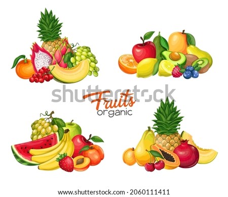 Fruits and berries banners, vector illustration. Compositions of Pitaya, pomegranate, raspberries, strawberries, grapes, currants and blueberries . Lemon, peach, apple, orange watermelon and avocado
