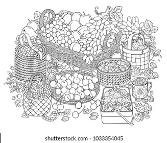 A lot of fruits and berries in baskets. Cartoon vector hand drawn abstract still life sketchy illustration