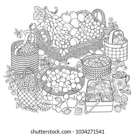 A lot of fruits and berries in baskets. Cartoon vector hand drawn abstract still life sketchy illustration