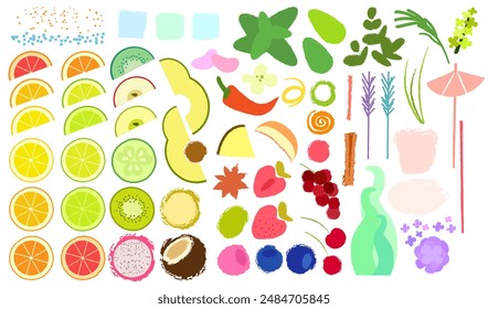 Conjunto grande de frutas y bayas. Vector ilustración plana con textura, aislado. Frutas tropicales naturales para el diseño. Comida orgánica, vegetariana. Nutrición saludable. Establecer objeto para hacer cócteles