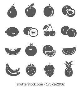 Fruits, berries black silhouette bold icons set isolated on white. Pear, apple, plum, peach pictograms collection. Apricot, lemon, kiwi, cherry, melon, orange, banana, grapes vector elements for web.