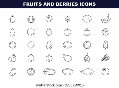 Fruits and berries black and white icons set. Simple line symbol of fresh fruits and berries. Flat vector illustration