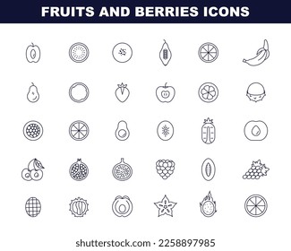 Fruits and berries black and white icons set. Simple line symbol of fresh fruits and berries with a half part. Flat vector illustration