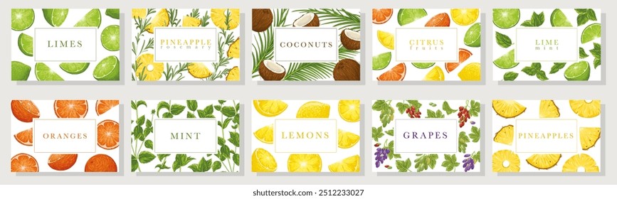 Conjunto de tarjetas de visita de frutas, bayas. Dibujado a mano fondos de dibujos animados de Vector colección con un cuadro de texto. Lima, menta, piña, cítricos, coco, naranja, uvas ilustraciones sobre fondo blanco