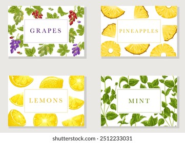 Fruits, berries business cards set. Pineapple, grapes, lemons, mint illustrations on white background. Hand drawn vector cartoon backgrounds collection with a text box