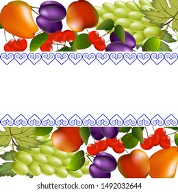 Fruits and berries in a card with a frame.Greeting card with decor of bright fruits.