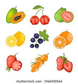 Fruits and berries cartoon icon set. Papaya, acerola cherry, guava, lemon, blackcurrant, orange, rosehip, sea buckthorn, strawberry. Vitamin healthy food. Education card for kids vector illustration