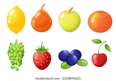 Fruits and berries cartoon illustration set. Game interface elements.