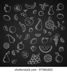 Fruits and berries chalk icons with whole and sliced apple, banana and pear, apricot, pomegranate and lemon, orange and cherry, grape and strawberry, cranberry and watermelon