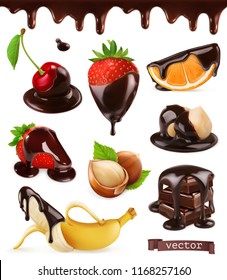 Fruits and berries in chocolate. Cherry, strawberries, banana, orange and hazelnuts. 3d realistic vector set