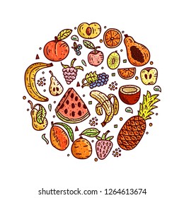 Fruits and berries circle banner. Hand drawn vector illustration. White background