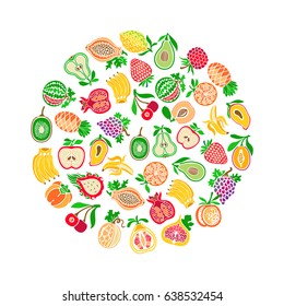 A lot of fruits and berries in the circle. Fruits set. Vector image for your business and design. For trade, sales, supermarkets, stores, marketplaces