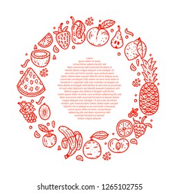 Fruits and berries circle text template. Hand drawn vector illustration