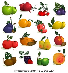 Fruits and Berries Collection. Big set of ripe fruits. Vector EPS8 illustration.
