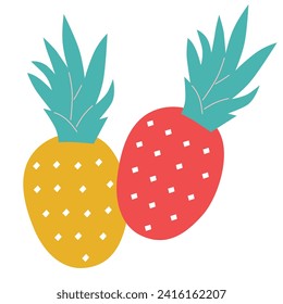 Fruits and berries collection. Decorative abstract horizontal banner with colorful doodles. Hand-drawn modern illustrations with Fruits and berries, abstract elements.