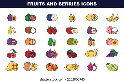 Iconos de colores de frutas y bayas. Sencillo símbolo de línea de frutas frescas y bayas con media parte. Ilustración vectorial plana