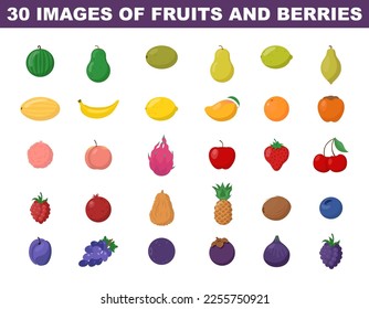 Iconos de colores de frutas y bayas. Símbolo de línea simple de frutas y bayas frescas. Ilustración vectorial plana