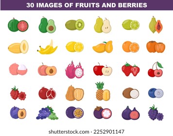 Fruits and berries colored images set. Bright detailed illustration of fresh fruits and berries with a half part. Flat vector illustration