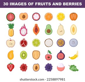 Fruits and berries colored images set. Bright symbol of fresh fruits and berries with a half part. Flat vector illustration