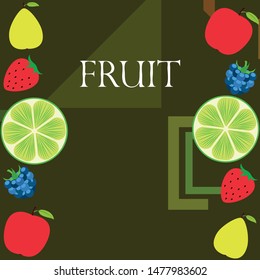 Fruits and berries. Colorful cartoon fruit icons: apple, pear, blackberry, strawberry, lime. Vector background.