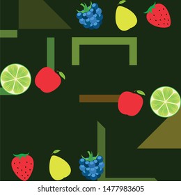 Fruits and berries. Colorful cartoon fruit icons: apple, pear, blackberry, strawberry, lime. Vector background.