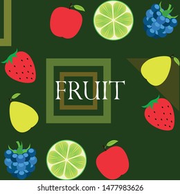 Fruits and berries. Colorful cartoon fruit icons: apple, pear, blackberry, strawberry, lime. Vector background.