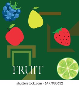 Fruits and berries. Colorful cartoon fruit icons: apple, pear, blackberry, strawberry, lime. Vector background.