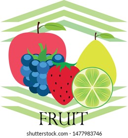 Fruits and berries. Colorful cartoon fruit icons: apple, pear, blackberry, strawberry, lime. Vector background.