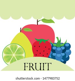 Fruits and berries. Colorful cartoon fruit icons: apple, pear, blackberry, strawberry, lime. Vector background.