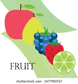 Fruits and berries. Colorful cartoon fruit icons: apple, pear, blackberry, strawberry, lime. Vector background.