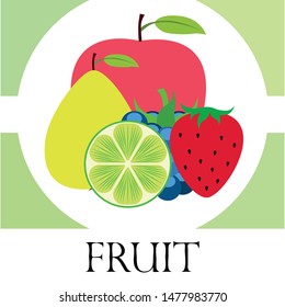 Fruits and berries. Colorful cartoon fruit icons: apple, pear, blackberry, strawberry, lime. Vector background.