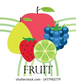 Fruits and berries. Colorful cartoon fruit icons: apple, pear, blackberry, strawberry, lime. Vector background.