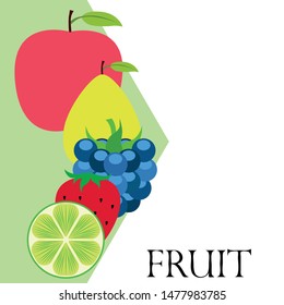 Fruits and berries. Colorful cartoon fruit icons: apple, pear, blackberry, strawberry, lime. Vector background.