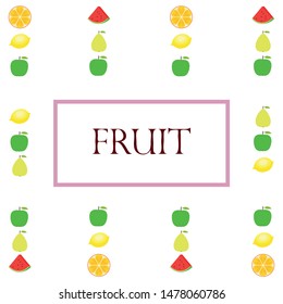 Fruits and berries. Colorful cartoon fruit icons: orange, pear, apple, lemon, watermelon. Vector background.