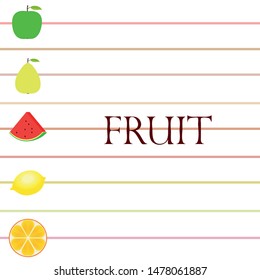 Fruits and berries. Colorful cartoon fruit icons: orange, pear, apple, lemon, watermelon. Vector background.