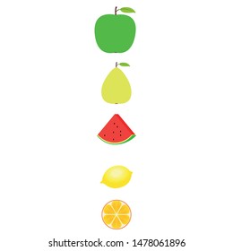 Fruits and berries. Colorful cartoon fruit icons: orange, pear, apple, lemon, watermelon. Vector background.