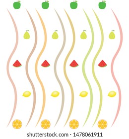 Fruits and berries. Colorful cartoon fruit icons: orange, pear, apple, lemon, watermelon. Vector background.