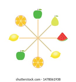 Fruits and berries. Colorful cartoon fruit icons: orange, pear, apple, lemon, watermelon. Vector background.