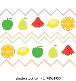 Fruits and berries. Colorful cartoon fruit icons: orange, pear, apple, lemon, watermelon. Vector background.