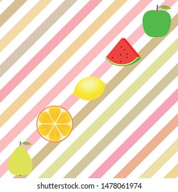 Fruits and berries. Colorful cartoon fruit icons: orange, pear, apple, lemon, watermelon. Vector background.