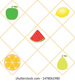 Fruits and berries. Colorful cartoon fruit icons: orange, pear, apple, lemon, watermelon. Vector background.