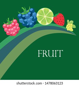 Fruits and berries. Colorful cartoon fruit icons: blackberry, raspberry, grape, strawberr, lime. Vector background.