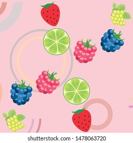 Fruits and berries. Colorful cartoon fruit icons: blackberry, raspberry, grape, strawberr, lime. Vector background.