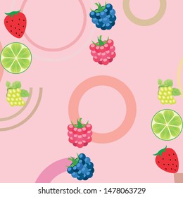 Fruits and berries. Colorful cartoon fruit icons: blackberry, raspberry, grape, strawberr, lime. Vector background.