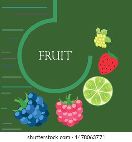 Fruits and berries. Colorful cartoon fruit icons: blackberry, raspberry, grape, strawberr, lime. Vector background.