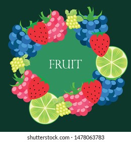 Fruits and berries. Colorful cartoon fruit icons: blackberry, raspberry, grape, strawberr, lime. Vector background.