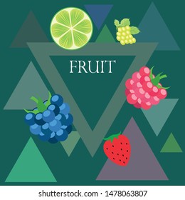 Fruits and berries. Colorful cartoon fruit icons: blackberry, raspberry, grape, strawberr, lime. Vector background.