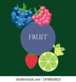 Fruits and berries. Colorful cartoon fruit icons: blackberry, raspberry, grape, strawberr, lime. Vector background.