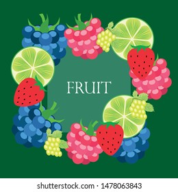 Fruits and berries. Colorful cartoon fruit icons: blackberry, raspberry, grape, strawberr, lime. Vector background.