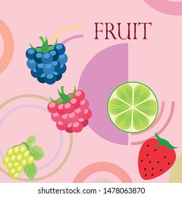 Fruits and berries. Colorful cartoon fruit icons: blackberry, raspberry, grape, strawberr, lime. Vector background.